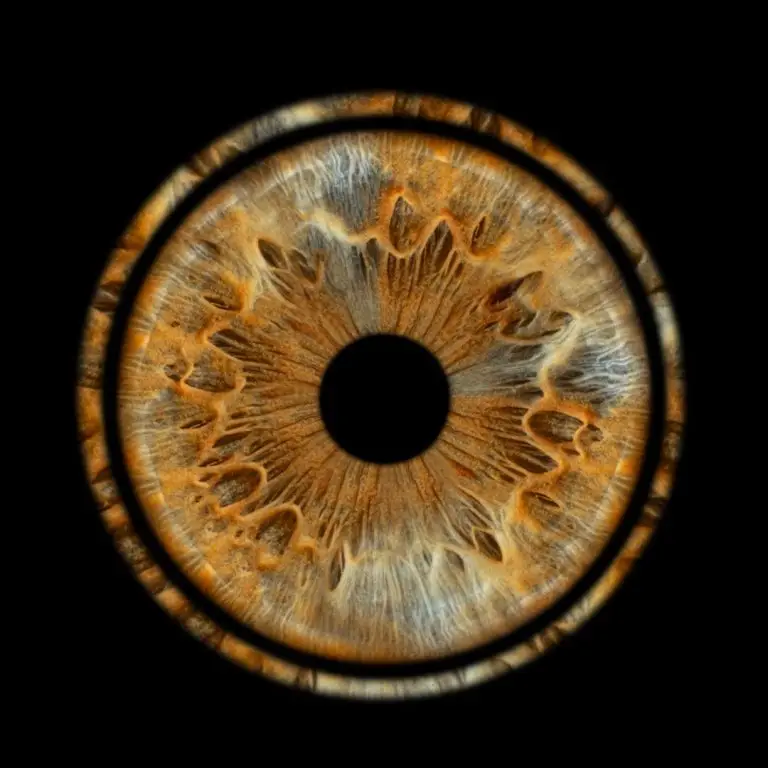 a brown and white eyeball with black center