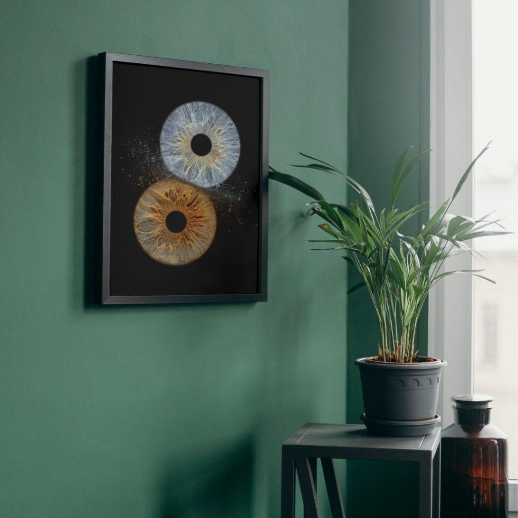 a framed picture of eyeballs on a green wall